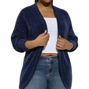 Torrid Women's Chenille Cocoon Open Front Ribbed Sweater Blue Plus Size 1